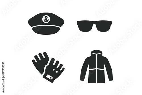 Sailing gear icon set. Sailor apparel and accessories glyph collection. Captains hat, sunglasses, gloves and jacket. Marine, nautical and yachting vector symbols illustration.