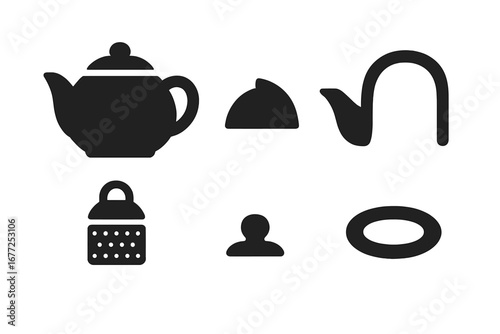 Teapot parts solid glyph icon set. Vector collection of teapot components: body, lid, spout, handle, tea infuser, knob, and base. Tea making elements for infographic.