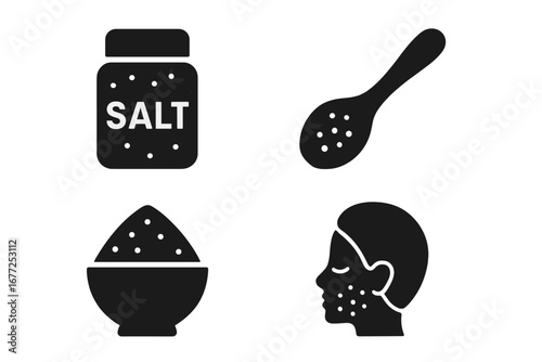 Salt scrub essentials solid glyph icon set. Skincare, body and face exfoliation concept. Natural cosmetics, beauty spa treatment. Salt jar, wooden spoon, bowl vector symbols.
