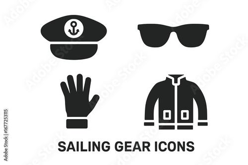 Sailing gear icon set. Solid fill glyph style vector. Nautical apparel and sailor accessories. Captain's hat, sunglasses, glove, and foul weather jacket. Marine theme icons.