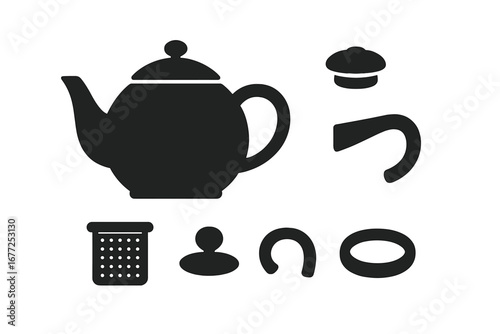 Teapot parts icon set. Disassembled teapot components for assembly instructions. Body, lid, spout, handle, tea infuser, knob. Solid glyph icons for kitchenware graphics.
