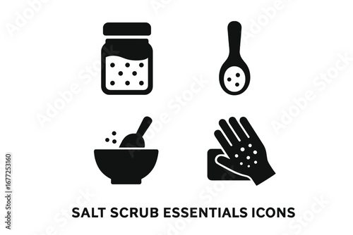 Salt scrub essentials solid glyph icon set. Body care, exfoliation, beauty treatment symbols. Vector icons of salt jar, wooden spoon, mixing bowl, and skin scrubbing for spa.