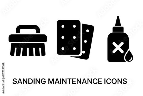Sanding maintenance solid glyph icons set. Vector symbols for DIY projects, repair, and workshop tasks. Includes cleaning brush, sandpaper sheets, and adhesive remover bottle.