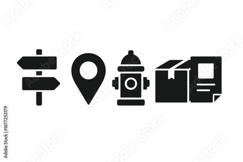 Urban life solid glyph icon set. City navigation and services vector icons. Street sign, map pin, fire hydrant, package delivery box, and flyer for local business ads.