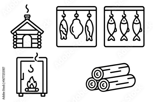 Smoking food icons set. Outline vector illustration of a smokehouse, hanging meat, fish, smoking chamber, and wood logs. For food preparation, cooking, barbecue concepts.