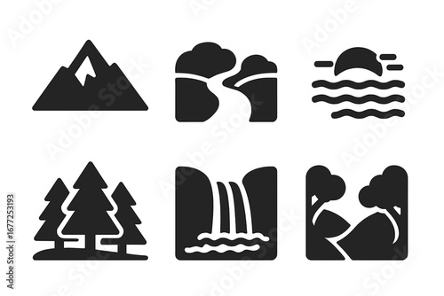 Nature and landscape solid glyph icon set. Vector symbols of mountain, forest, waterfall, river, sea sunset, and valley. Outdoor travel and scenery pictogram collection.