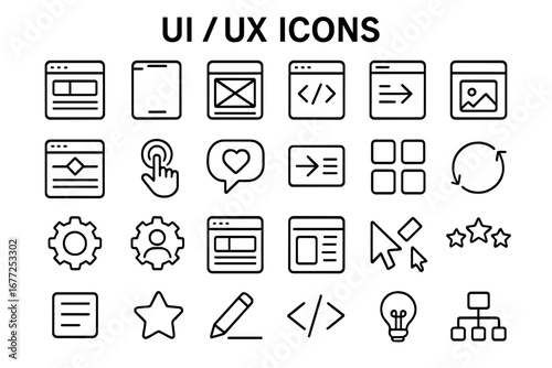 UI UX outline icon set. Web and mobile app design elements. Interface symbols for navigation, settings, code, user profile, rating. Simple line style vector illustration.