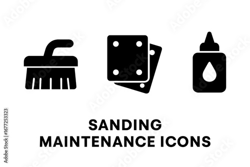 Sanding maintenance solid icon set. Vector glyph pictograms of a cleaning brush, sandpaper replacement sheets, and adhesive remover or glue for repair and DIY projects.
