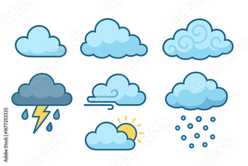 Weather forecast icon set vector cartoon illustration. Collection of various cloud symbols for meteorology report. Sunny, rainy, stormy, windy, snowy, cloudy climate signs.