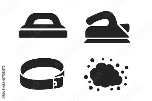 Sanding tools icon set. Solid glyph pictograms for woodworking and carpentry. Power sander, sanding block, belt, and dust symbols for renovation and DIY project graphics.