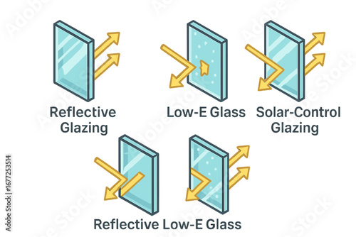 Solar glazing icons isometric set. Reflective, Low-E, and solar control glass types. Vector illustration of energy-efficient window panes showing heat reflection and absorption.