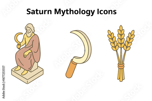 Saturn mythology icon set. Roman god of agriculture, harvest, and wealth. Isometric vector illustration of Saturn statue, sickle, and wheat. Ancient Rome mythological symbols.