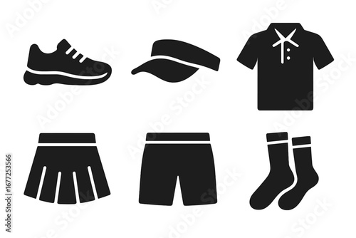 Solid filled vector icons set of tennis attire including tennis shoes, visor cap, polo shirt, tennis skirt, shorts, socks, sportswear essentials on transparent background