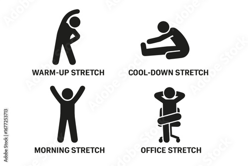 Stretching exercise icon set. Stick figures in warm-up, cool-down, morning routine, and office stretch poses. Fitness, wellness, workout, and healthy lifestyle vector pictograms.