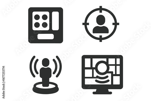 Teleport control solid icons set. Glyph pictograms for teleportation system, target lock, signal waves, digital map navigation. Futuristic sci-fi technology vector symbols.