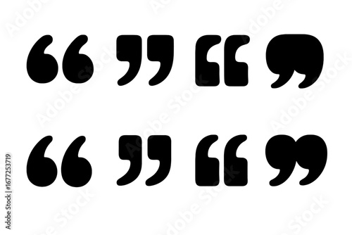 Vector set of flat quotation marks. Collection of different style punctuation symbols for quotes, speech, and dialogue. Black typography icons for citation, message, and communication.