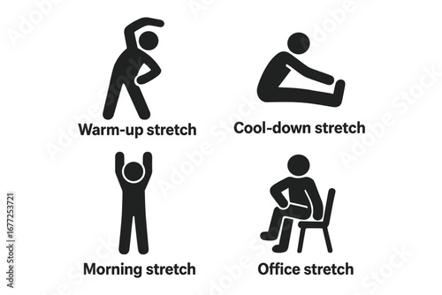 Stretching exercises icon set. Stick figure pictogram collection for warm-up, cool-down, morning, and office stretch routines. Fitness, flexibility, and wellness concept vector.