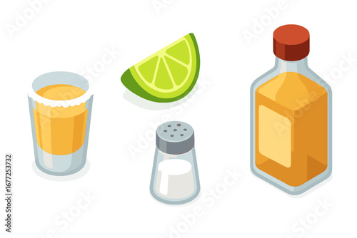 Isometric Flat Vector Icons of Tequila Celebration Set with Shot Glass, Lime Wedge, Salt Shaker, and Tequila Bottle Illustration on Transparent Background