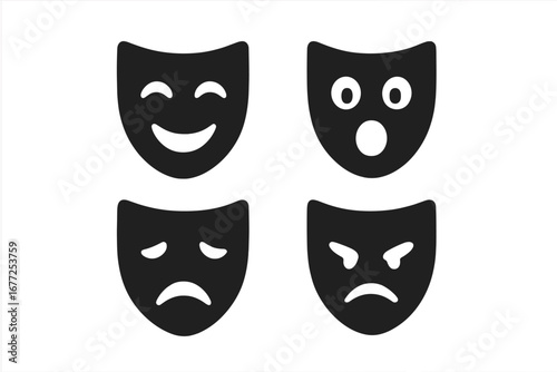 Theatrical Expression Icons Vector Set, Solid Filled Black Drama Masks Showing Happy, Surprised, Sad, and Angry Faces, Theater Emotions Symbol, Performance Art Illustration