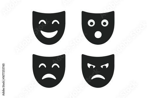 Theatrical expression icons solid filled set including happy, surprised, sad, angry face masks vector illustration on transparent background dramatic emotions symbols