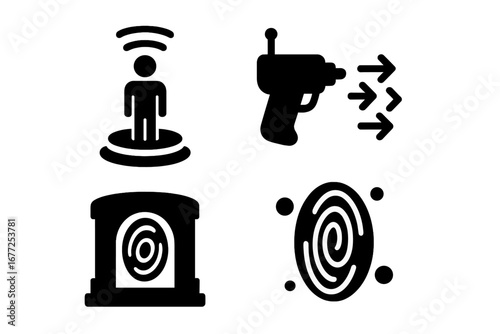 Teleportation device solid glyph icon set. Sci-fi technology for transport. Includes teleporter pad, handheld portal gun, wormhole gate, and future travel vector symbols.