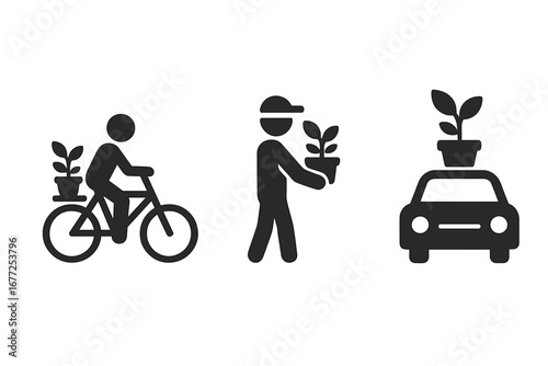 Urban plant transport icons. Man on bicycle, delivery person with pot, car moving a flowerpot. Solid filled icon set for green city living, eco-friendly transport, gardening.