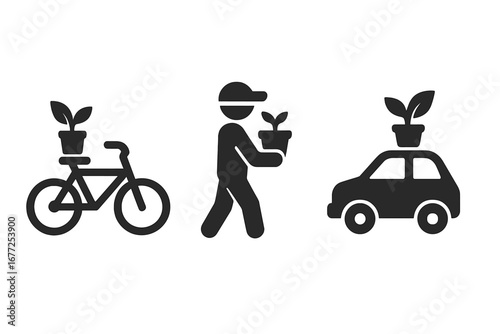 Plant transport vector icon set. Urban green delivery service. Solid pictograms of flower pot transport by person, bicycle, or car. Gardening, botany and eco logistics concept.