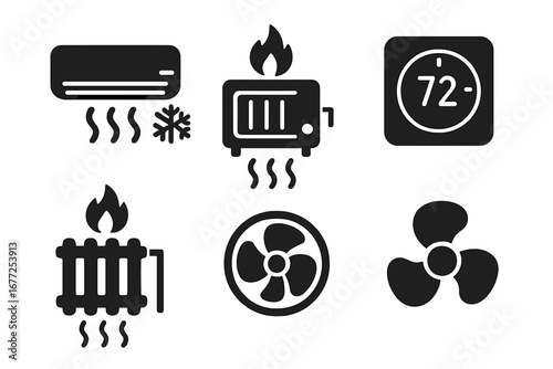Temperature control solid icon set. Vector glyph pictograms of HVAC system elements. Air conditioner, heater, thermostat, radiator, fan, ventilation and climate control symbols.
