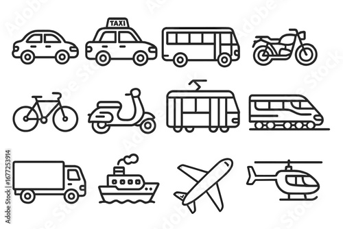 Transportation line icon set. Car, truck, bus, train, plane, ship, scooter and bicycle vehicle icons. Public transport, travel and traffic concept. Vector outline symbols.