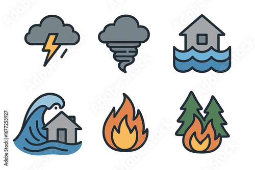 Natural disaster icon set. Vector symbols for storm, flood, wildfire, tornado, and tsunami. Minimalist cartoon illustration for climate change, emergency, or insurance concepts.
