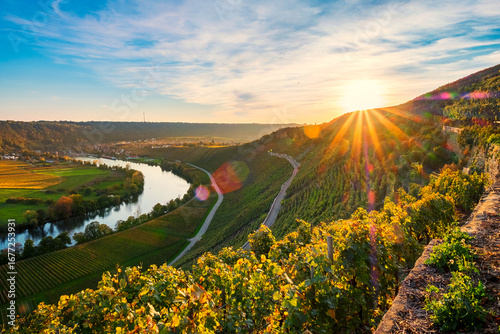 Tableau sur toile Neckar mit Weinsteillagen