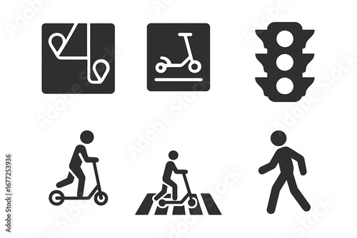 Urban scooter solid icon set. Electric scooter city route map, traffic light, crosswalk, and pedestrian signs. E-scooter sharing and urban mobility concept vector icons.