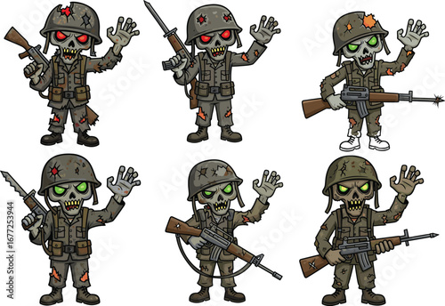 zombie, soldier, military, cartoon, undead, weapon, horror, army, battle, tactical, uniform, scary, vector, illustration, damage