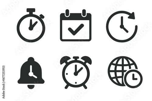 Time efficiency icons set with solid fill style, stopwatch, calendar with check mark, clock hands, timer, alarm bell, world time zone, vector illustration on transparent background