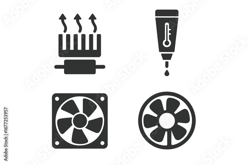 Electronics temperature solid glyph icon set. CPU heatsink, processor cooler fan, thermal paste tube vector icons. Computer hardware for heat dissipation and cooling system.