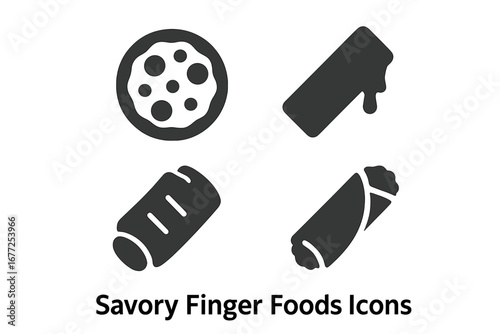 Savory finger food icon set. Solid glyph collection of appetizers like mini pizza, cheese stick, sausage roll, and spring roll. Vector silhouette for snack & fast food concepts.
