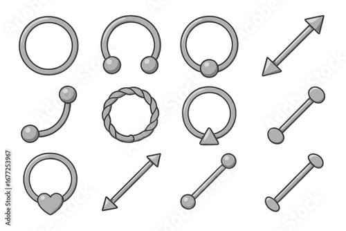 Body piercing jewelry vector set. Metallic silver collection of rings, barbells, studs. For ear, nose, lip, tongue, septum. Flat cartoon illustration fashion accessory.