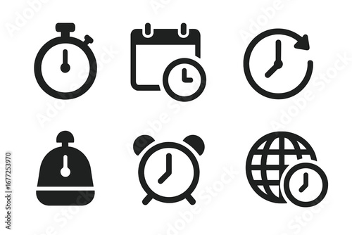 Time Efficiency Icons Set Solid Filled Stopwatch Calendar Clock Hands Timer Alarm Bell Time Zone Vector Illustration Transparent Background