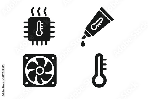 Electronics temperature solid glyph icons. Computer hardware concept. CPU overheating, processor heat sink, PC cooling fan, thermal paste tube, and thermometer vector symbols.