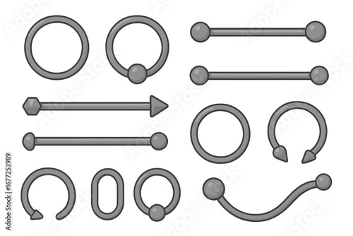 Vector set of metallic body piercing jewelry. Steel rings, barbells, industrial piercing, and horseshoe shapes for ears, nose, lip, navel. Flat cartoon accessory illustration.