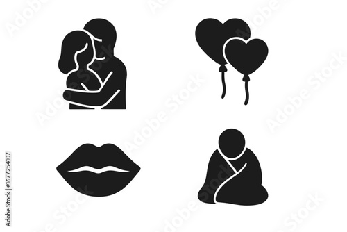 Tender moments icons set featuring hugging couple, heart-shaped balloons, kissing lips, cozy wrapped figure, solid filled vector illustrations, love, affection, warmth, and intimacy symbols