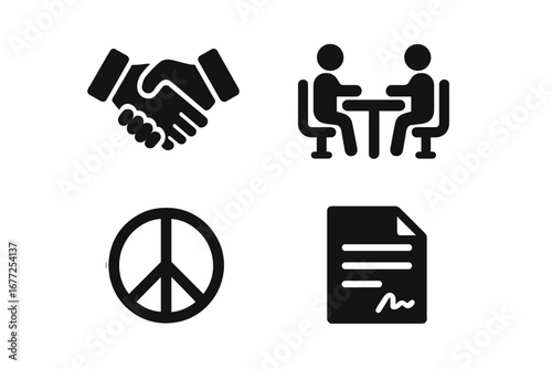Negotiation and business agreement icon set. Vector glyphs of handshake, contract signing, peace symbol and meeting. Concepts of partnership, deal, mediation and collaboration.