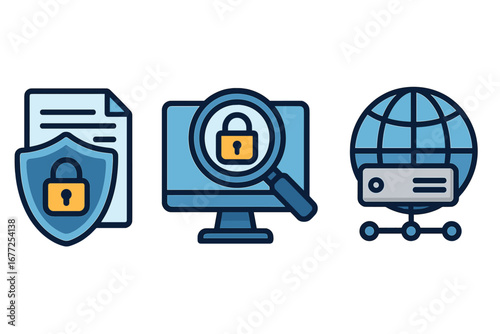 Network Security Icons Representing Data Protection, Digital Analysis, and Global Connectivity in a Modern Cyber Environment, Vector Cartoon Illustration with Transparent Background