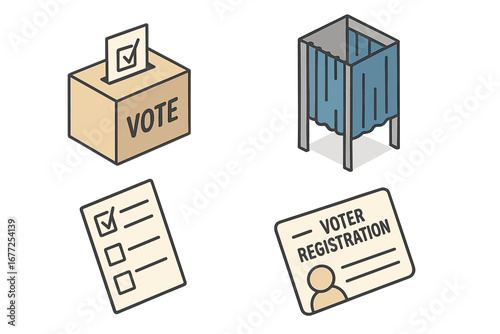 Voting rights and election icon set. Isometric vector illustration of ballot box, voting booth, marked ballot, and voter registration card for democratic process and choice.