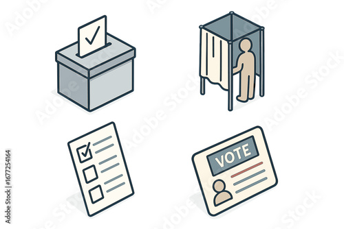Isometric voting rights icon set for election and democracy. Vector collection includes ballot box, voting booth, voter registration card, and marked ballot for politics concept.