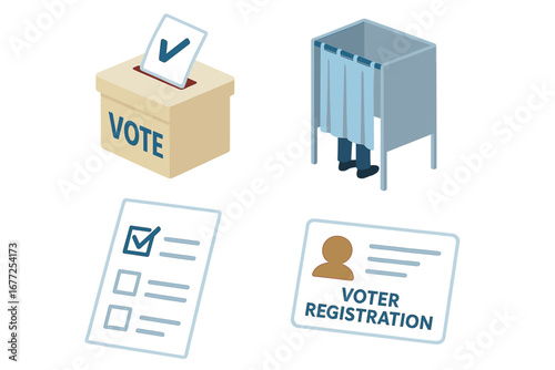 Voting and election isometric icon set. Concepts of democracy, civic duty, politics, and choice. Includes ballot box, voting booth, marked ballot, and voter registration card.