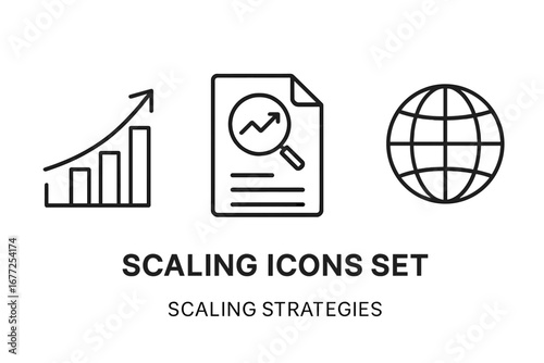 Scaling icon set for business growth strategies. Outline vector icons of an upward arrow graph, market research document, and global expansion symbol for success and development.