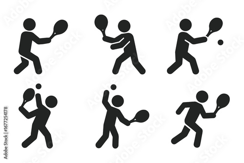 Tennis Action Icons Solid Filled Vector Set of Tennis Moves Including Forehand Swing, Backhand Swing, Volley, Smash, Serve Toss, and Running Player Illustrations on Transparent Background