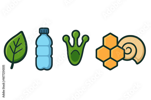 Nature inspired icons with green leaf, water bottle, frog footprint, honeycomb structure, and spiral shell design, vector cartoon illustration with transparent background for eco concepts