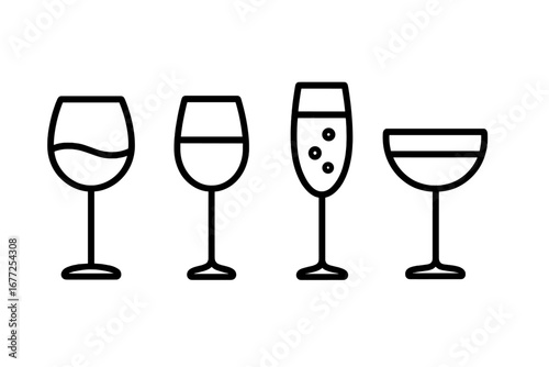 Wine and champagne glasses line icon set. Stylish elegant glassware vector collection. Barware outline symbols for party or celebration. Alcohol, cocktail, beverage drink icons.